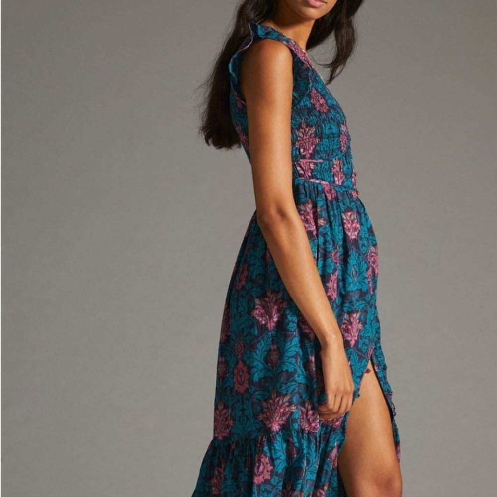 ANTHROPOLOGIE Floral Teal and Pink Maxi Dress